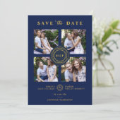 Ultra Trendy Marine & Goud 4 Multi Foto's Bruiloft Save The Date (Staand voorkant)