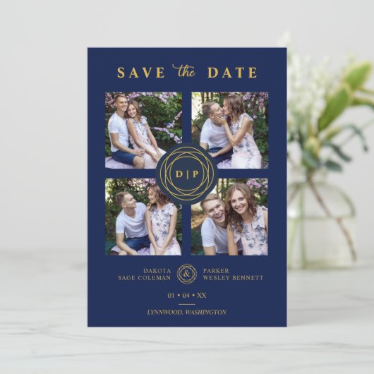 Ultra Trendy Marine & Goud 4 Multi Foto's Bruiloft Save The Date (Staand voorkant)