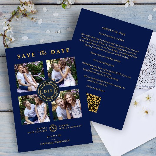 Ultra Trendy Marine & Goud 4 Multi Foto's Bruiloft Save The Date