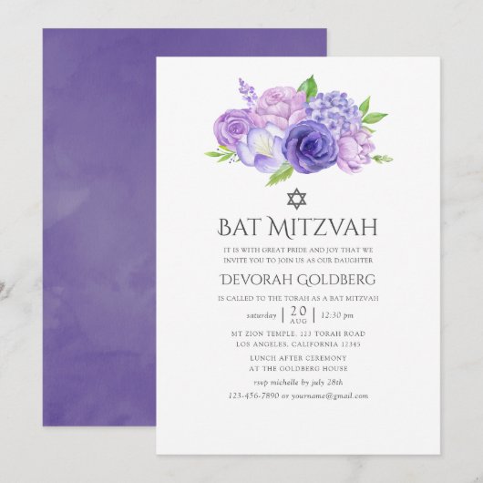 Ultra Violet Bloemrijke Bar Mitzvah Kaart (Voorkant / Achterkant)