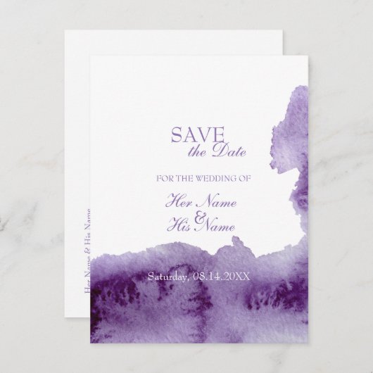 Ultra Violet Elegante Waterverf SAVE de datum Aankondigingskaart (Voorkant / Achterkant)