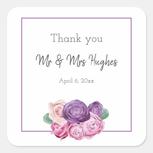 Ultra violet en roze Roses bruiloft bedankt Vierkante Sticker (Voorkant)