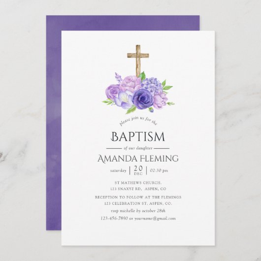 Ultra Violet Floral Baptism of Christening Kaart (Voorkant / Achterkant)