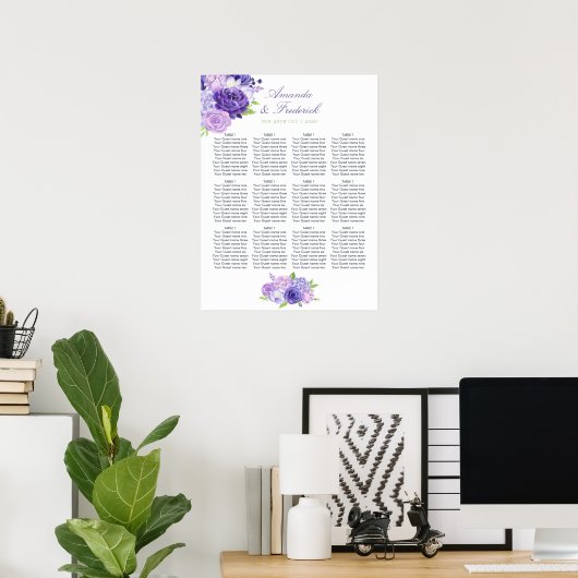 Ultra Violet Floral Wedding Seating Chart Poster (Thuiskantoor)