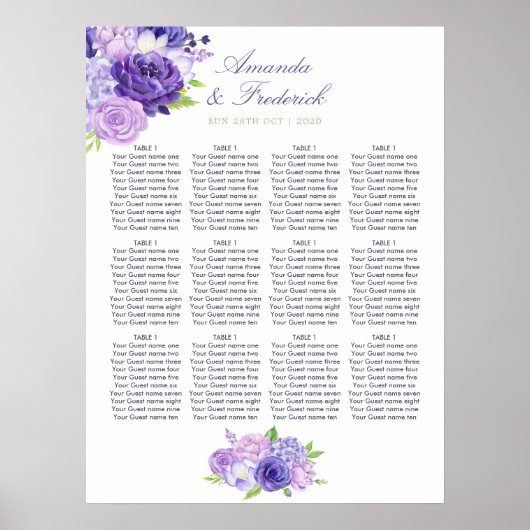 Ultra Violet Floral Wedding Seating Chart Poster (Voorkant)