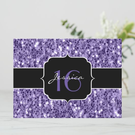 Ultra violet glitter sparkles Sweet 16 nodigen Kaart (Staand voorkant)