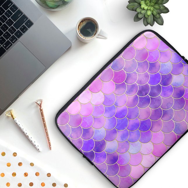 Ultra Violet & Gold Mermaid Scale Patroon Laptop Sleeve (Violet Mermaid Scale Pattern Laptop Sleeve)