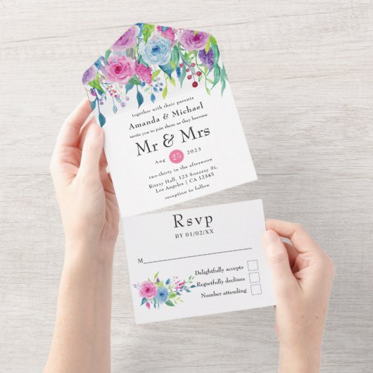 Ultra Violet kleurencombo Floral Wedding All In One Uitnodiging (Afscheurbaar)