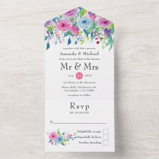 Ultra Violet kleurencombo Floral Wedding All In One Uitnodiging (Binnen)