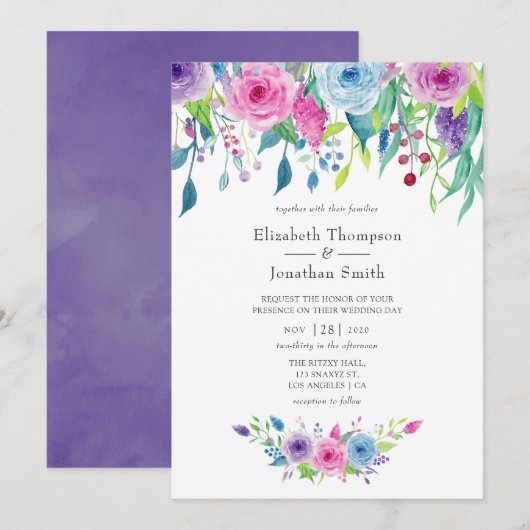 Ultra Violet kleurencombo Waterverf Floral Wedding Kaart (Voorkant / Achterkant)