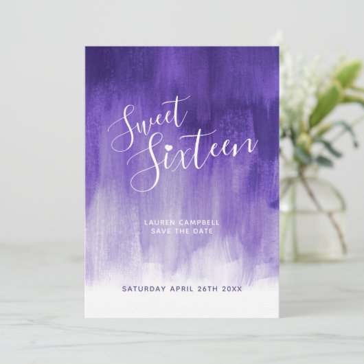 Ultra violet modern kunstje, zestien jaar oud save the date (Staand voorkant)