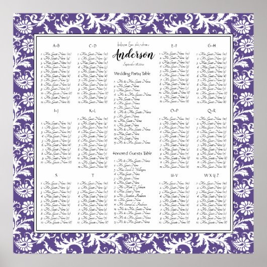 Ultra Violet Paars Damask Wedding Seating Chart Poster (Voorkant)