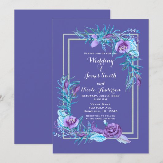 Ultra Violet Paars en Aqua Floral Chic Wedding Kaart (Voorkant / Achterkant)
