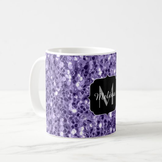 Ultra violet paars glitter sparken Monogram Koffiemok (Voorkant links)