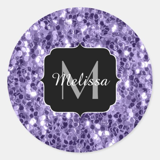 Ultra violet paars glitter sparken Monogram Ronde Sticker (Voorkant)