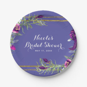 Ultra Violet Paars & Goud Bloemig Boheemse Chic Papieren Bordje