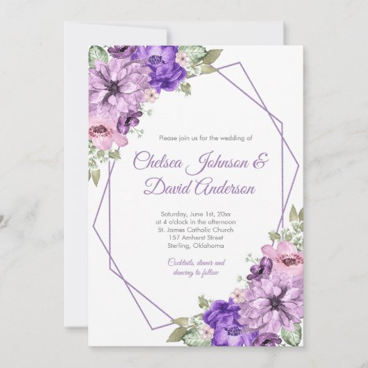 Ultra Violet Paars Roze Floral Geometric Wedding Aankondiging (Voorkant)