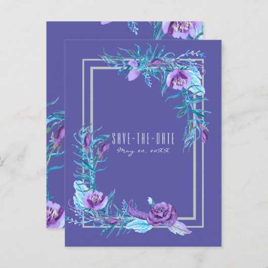 Ultra Violet Paarse Aqua Floral Chic Bewaar de dat Aankondigingskaart (Voorkant / Achterkant)