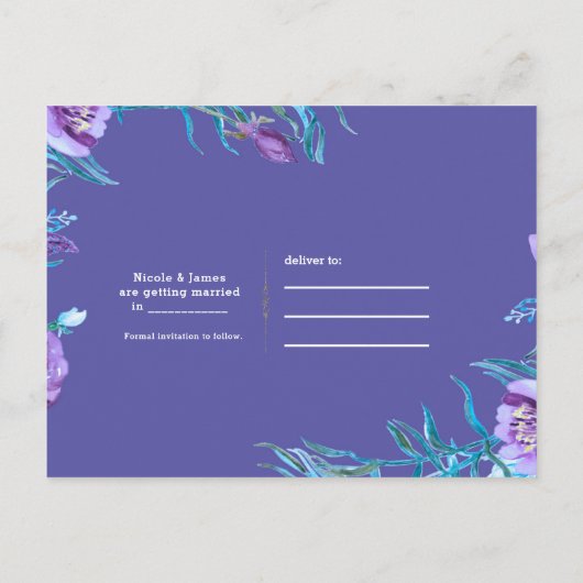 Ultra Violet Paarse Aqua Floral Chic Bewaar de dat Aankondigingskaart (Achterkant)