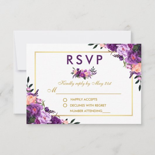 Ultra Violet Paarse Bloemen Goud RSVP Bruiloft P (Voorkant)