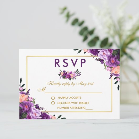 Ultra Violet Paarse Bloemen Goud RSVP Bruiloft P (Staand voorkant)
