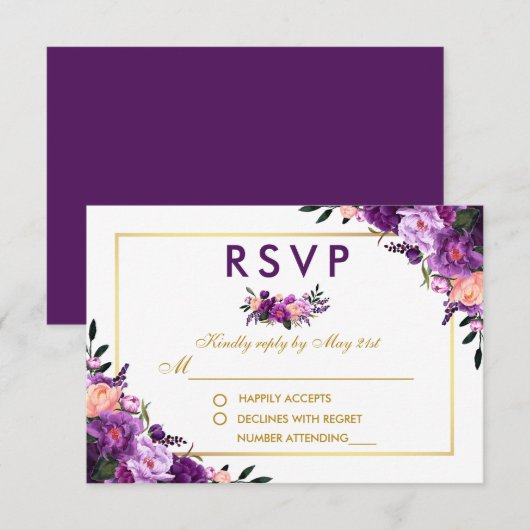 Ultra Violet Paarse Bloemen Goud RSVP Bruiloft P (Voorkant / Achterkant)