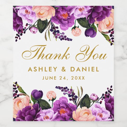 Ultra Violet Paarse Bloemen Gouden Bruiloft Wijn Etiket (Enkel label)