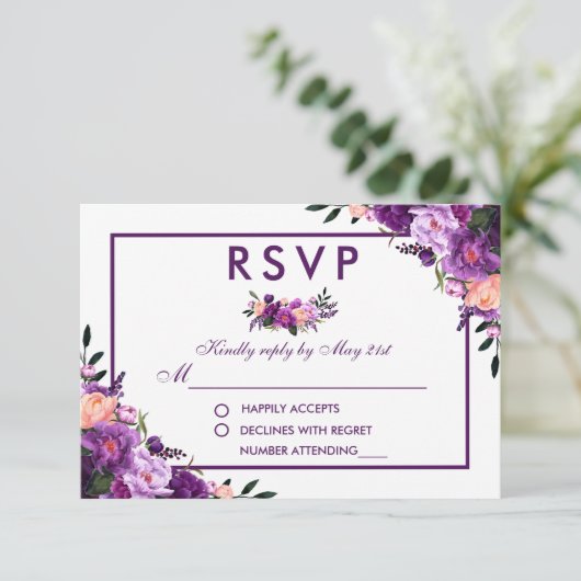 Ultra Violet Paarse Bloemen RSVP Bruiloft (Staand voorkant)