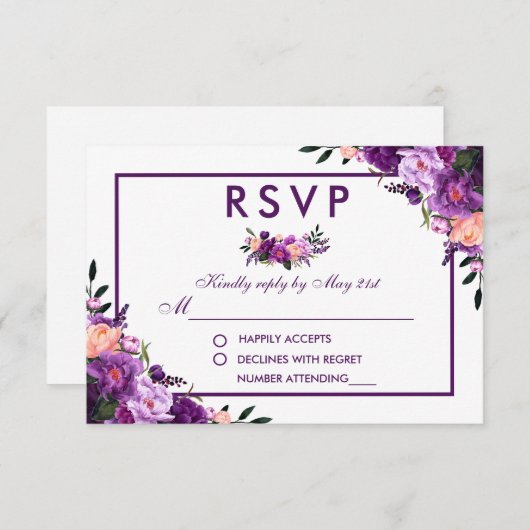 Ultra Violet Paarse Bloemen RSVP Bruiloft (Voorkant / Achterkant)