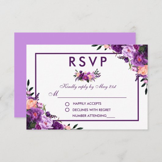 Ultra Violet Paarse Bloemen RSVP Bruiloft V (Voorkant / Achterkant)