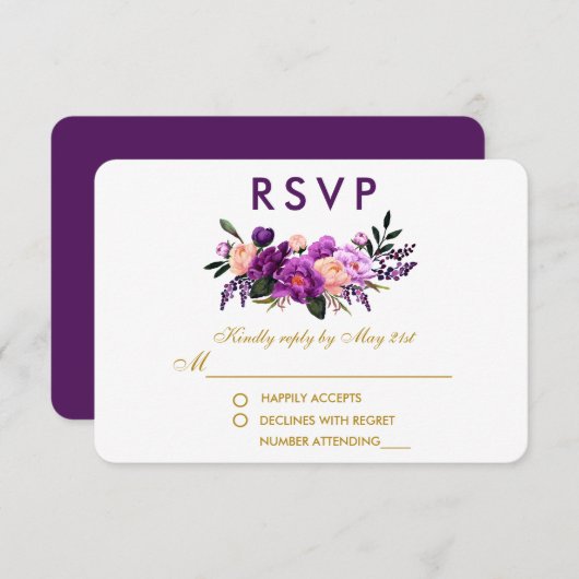 Ultra Violet Paarse Bloemen Waterverf Bruiloft G RSVP Kaartje (Voorkant / Achterkant)