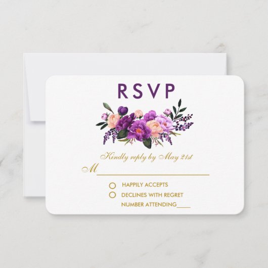 Ultra Violet Paarse Bloemen Waterverf Bruiloft G RSVP Kaartje (Voorkant)