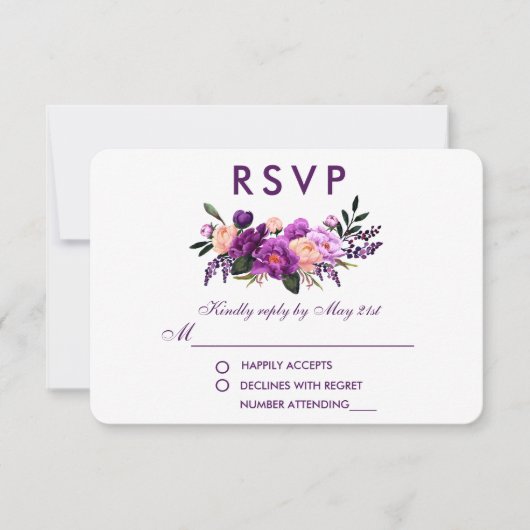 Ultra Violet Paarse Bloemen Waterverf Bruiloft PB RSVP Kaartje (Voorkant)