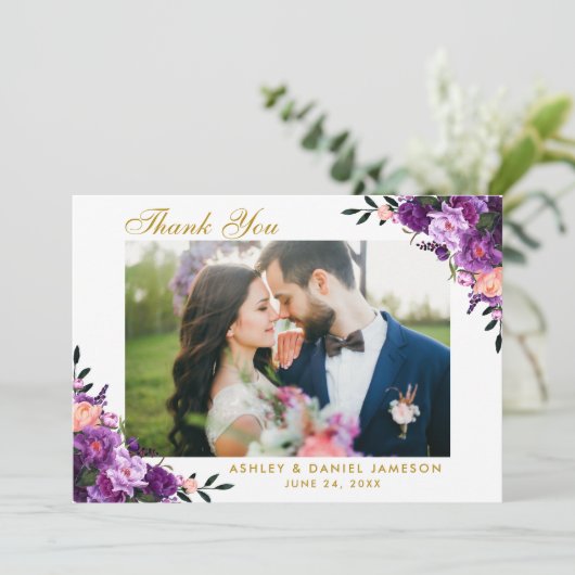 Ultra Violet Paarse bloemenbruiloft dank u goud Bedankkaart (Staand voorkant)
