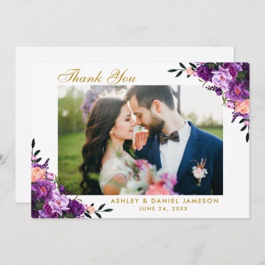 Ultra Violet Paarse bloemenbruiloft dank u goud Bedankkaart (Voorkant / Achterkant)
