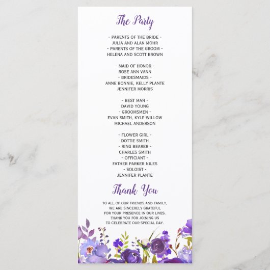 Ultra Violet Paarse Bloemige Huwelijksprogramma Programmakaart (Achterkant)