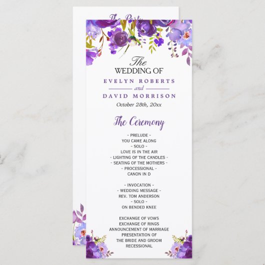 Ultra Violet Paarse Bloemige Huwelijksprogramma Programmakaart (Voorkant / Achterkant)
