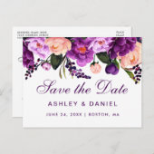 Ultra Violet Paarse Floral bespaart de datum P Aankondigingskaart (Voorkant / Achterkant)