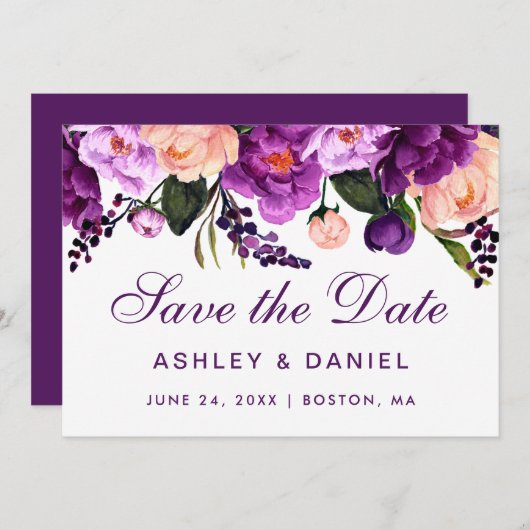 Ultra Violet Paarse Floral bespaart de datum P Save The Date (Voorkant / Achterkant)