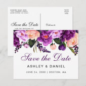 Ultra Violet Paarse Floral bespaart de datum PS Aankondigingskaart (Voorkant / Achterkant)