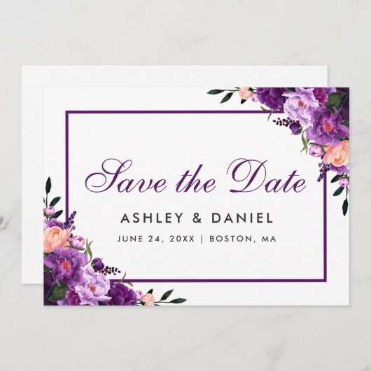 Ultra Violet Paarse Floral bespaart de datum PS Save The Date (Voorkant / Achterkant)
