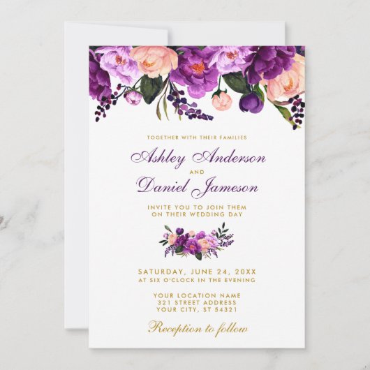 Ultra Violet Paarse Floral Gold Wedding Invite P Kaart (Voorkant)