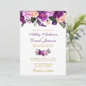 Ultra Violet Paarse Floral Gold Wedding Invite P Kaart (Staand voorkant)