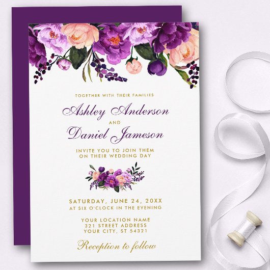 Ultra Violet Paarse Floral Gold Wedding Invite P Kaart