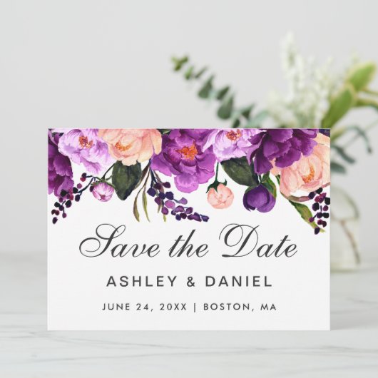 Ultra Violet Paarse Floral sla de datum op Save The Date (Staand voorkant)