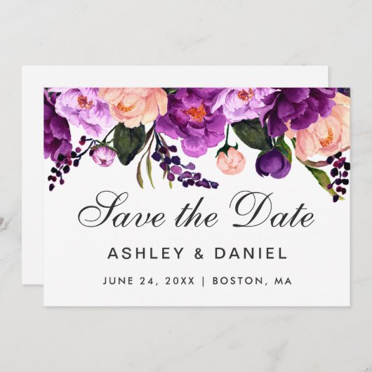 Ultra Violet Paarse Floral sla de datum op Save The Date (Voorkant / Achterkant)