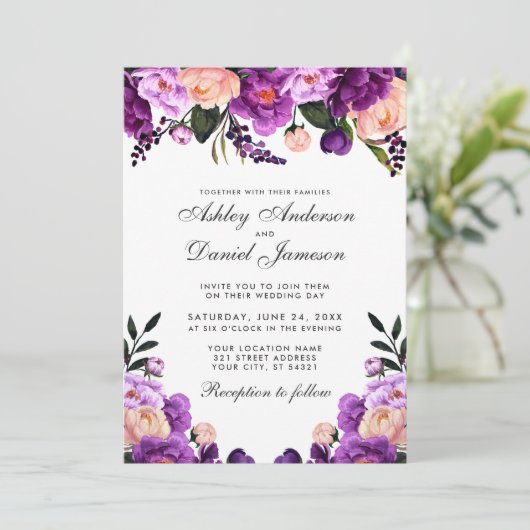 Ultra Violet Paarse Floral | Uitnodiging tot wedde (Staand voorkant)