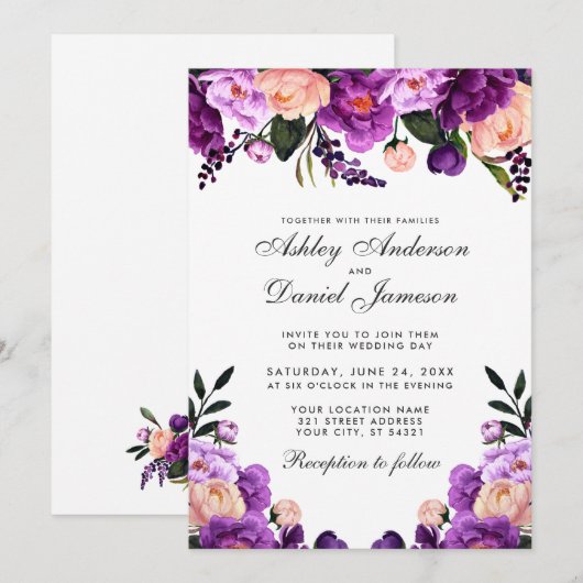 Ultra Violet Paarse Floral | Uitnodiging tot wedde (Voorkant / Achterkant)