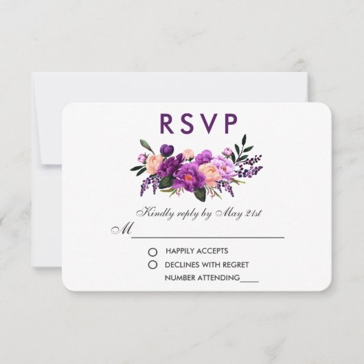 Ultra Violet Paarse Floral Waterverf Wedding PS RSVP Kaartje (Voorkant)