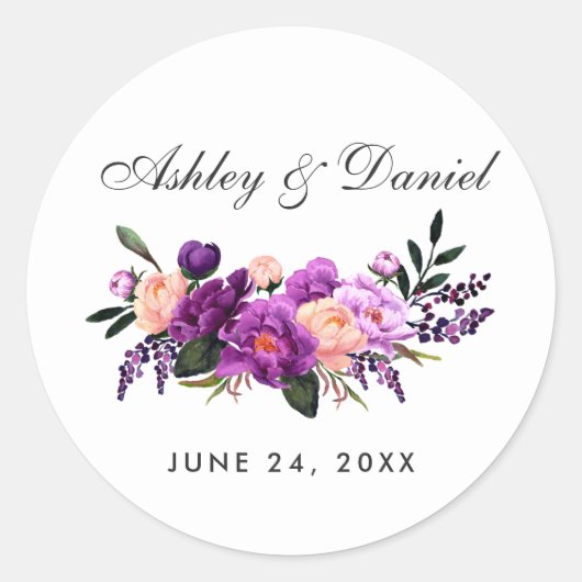 Ultra Violet Paarse Floral Waterverf Wedding Ronde Sticker (Voorkant)